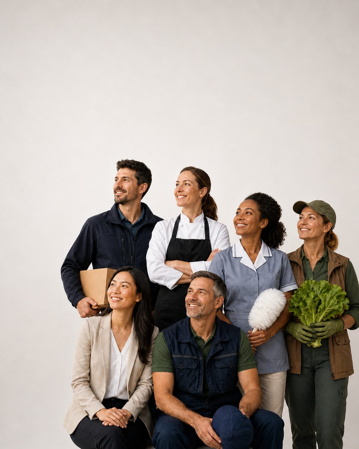 Six professionals from delivery, kitchen, cleaning, farming, office and maintenance posing together