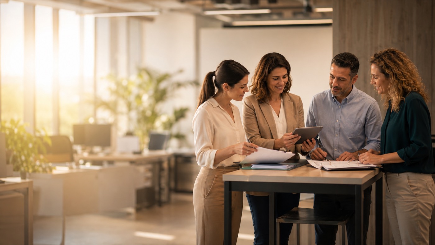 Four professionals reviewing documents at a high office table