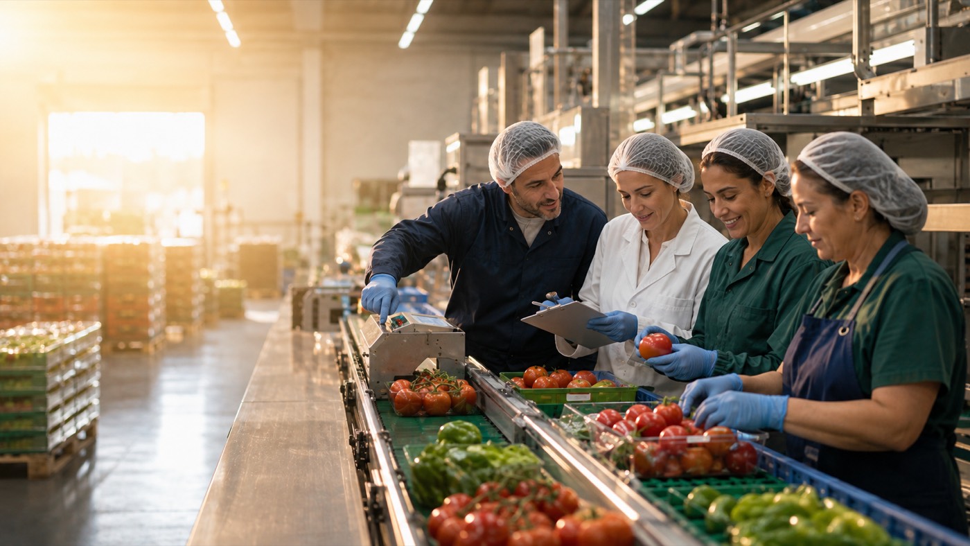 Food handling team checking fruit and vegetables on the packing line