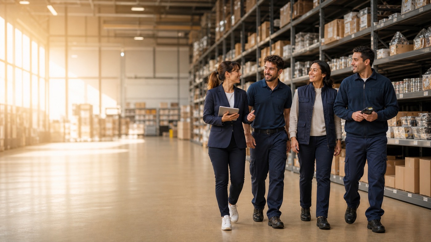Store manager and restocking team checking the stockroom of a retail store