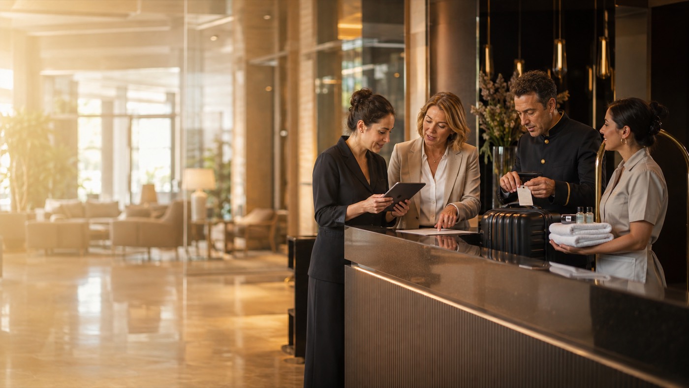 Front desk and housekeeping staff serving two guests at a hotel reception desk