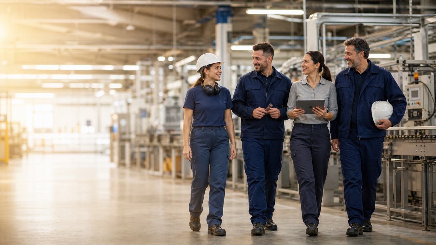 Plant team in hard hats and workwear walking through the production floor