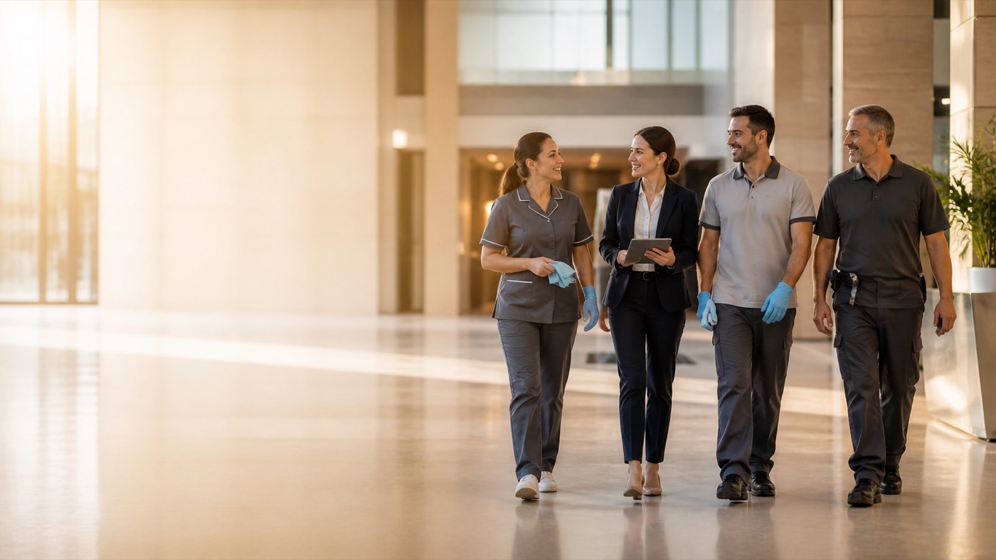 Cleaning and support services team walking through the lobby of an office building