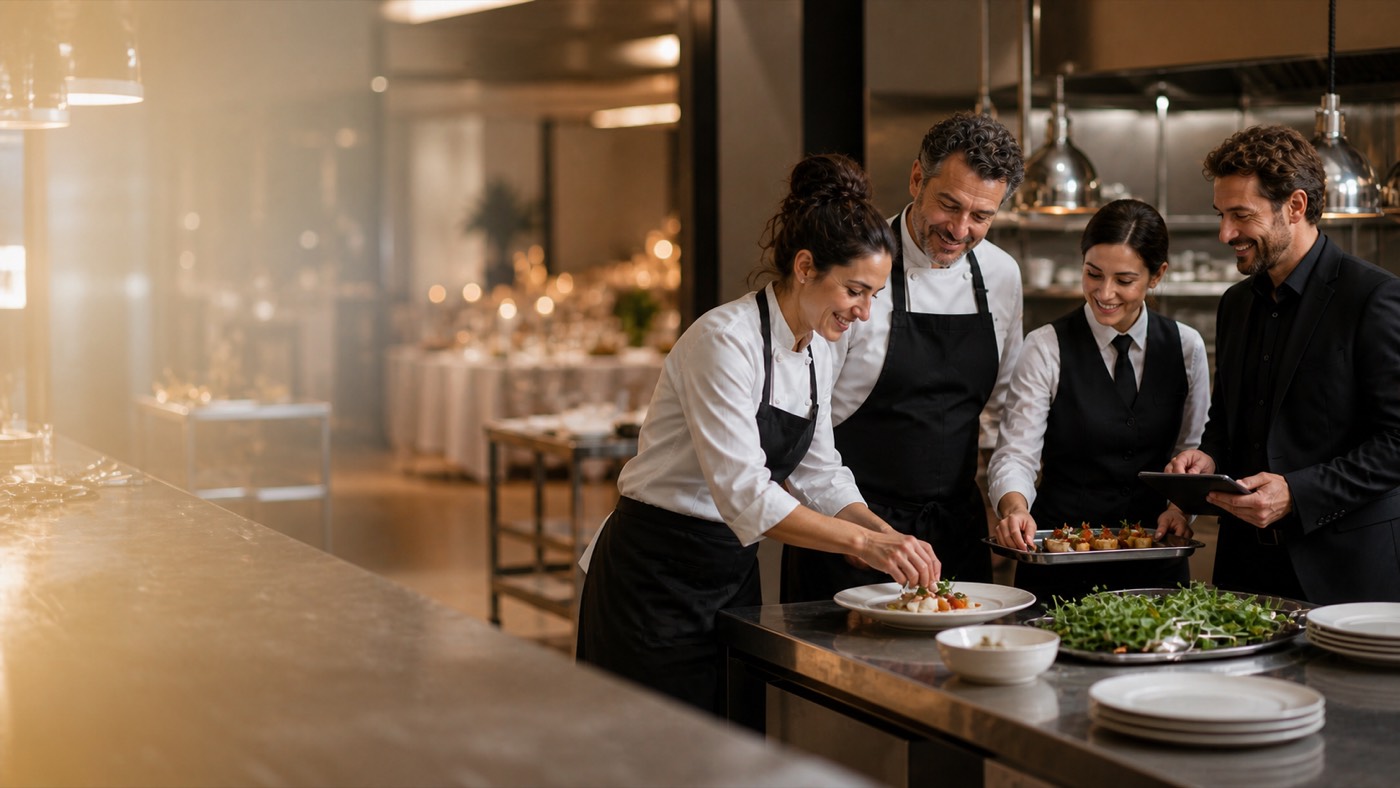 Kitchen and front-of-house staff plating up together before an event service
