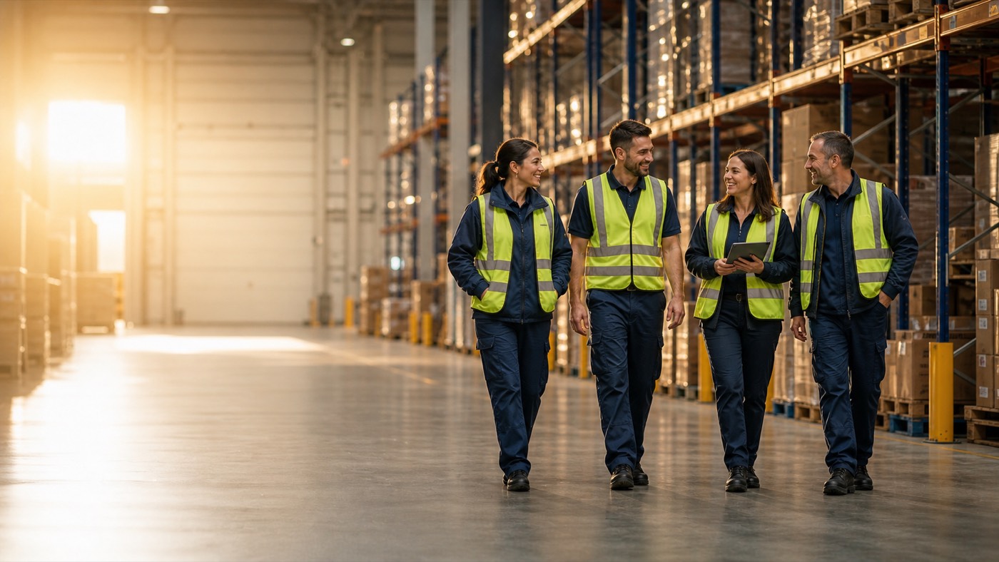 Four warehouse workers in high-visibility vests walking between shelves